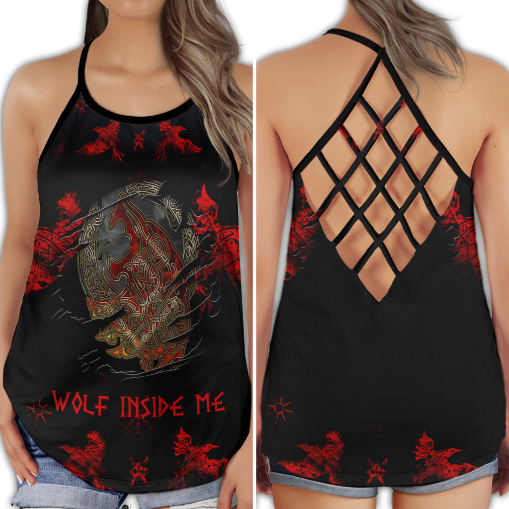 S Viking Wolf Inside Me Red Style In Black Background - Cross Open Back Tank Top - Owls Matrix LTD