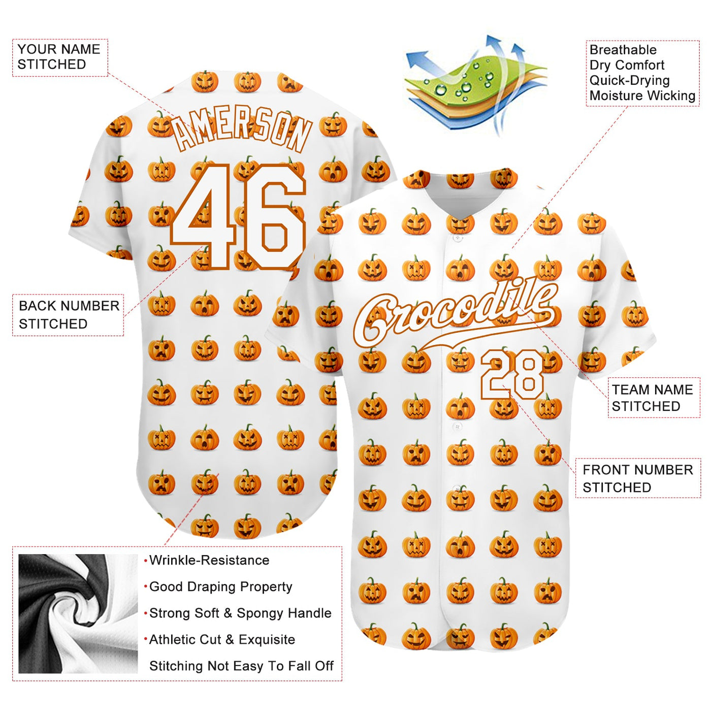 Custom White White-Texas Orange 3D Pattern Design Halloween Pumpkins Funny Faces Authentic Baseball Jersey - Owls Matrix LTD