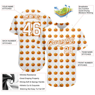 Custom White White-Texas Orange 3D Pattern Design Halloween Pumpkins Funny Faces Authentic Baseball Jersey - Owls Matrix LTD