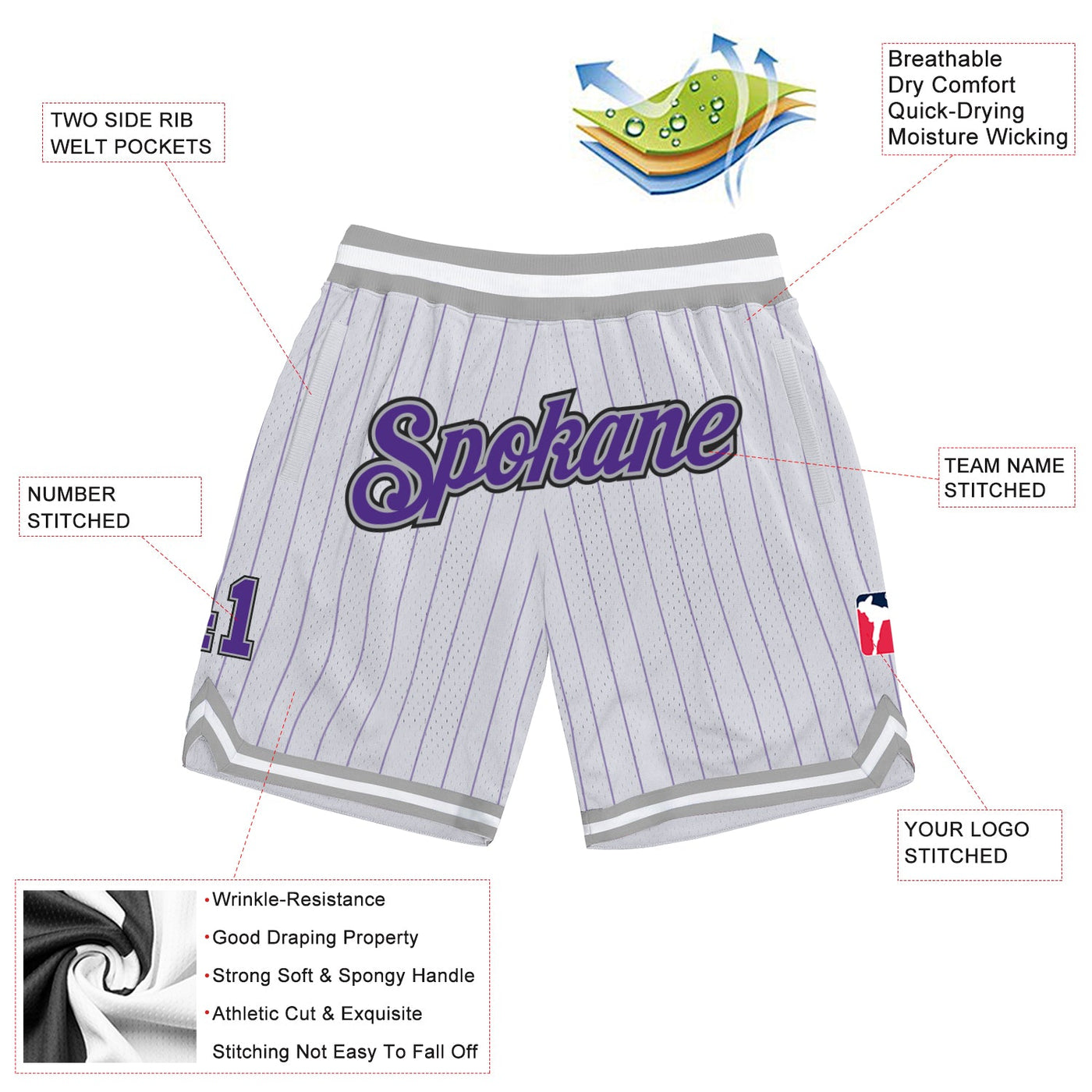 Custom White Purple Pinstripe Purple-Silver Gray Authentic Basketball Shorts