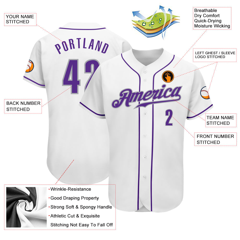 Custom White Purple-Gray Authentic Baseball Jersey - Owls Matrix LTD