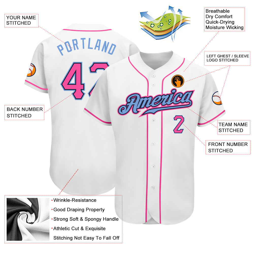 Custom White Pink-Light Blue Authentic Baseball Jersey - Owls Matrix LTD