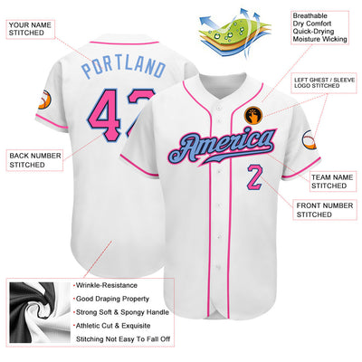 Custom White Pink-Light Blue Authentic Baseball Jersey - Owls Matrix LTD