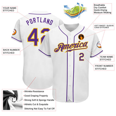 Custom White Purple-Gold Authentic Baseball Jersey - Owls Matrix LTD