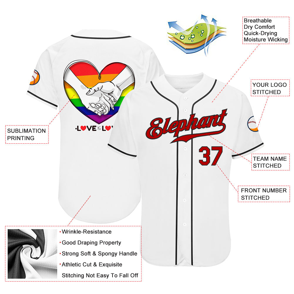 Custom White Red-Black Rainbow Colored Heart For Pride Month Love Is Love LGBT Authentic Baseball Jersey - Owls Matrix LTD