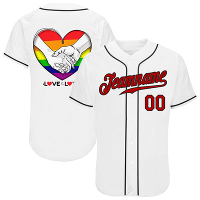 Custom White Red-Black Rainbow Colored Heart For Pride Month Love Is Love LGBT Authentic Baseball Jersey - Owls Matrix LTD