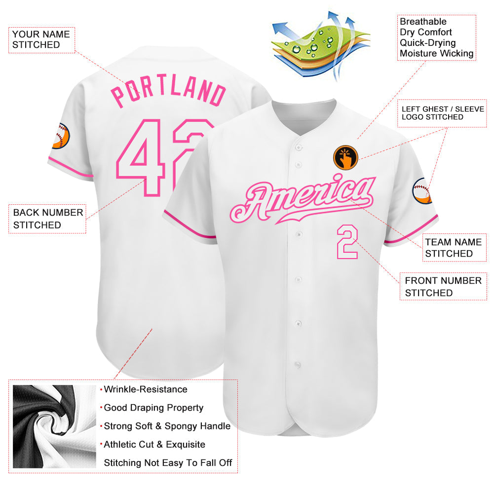 Custom White White-Pink Authentic Baseball Jersey - Owls Matrix LTD