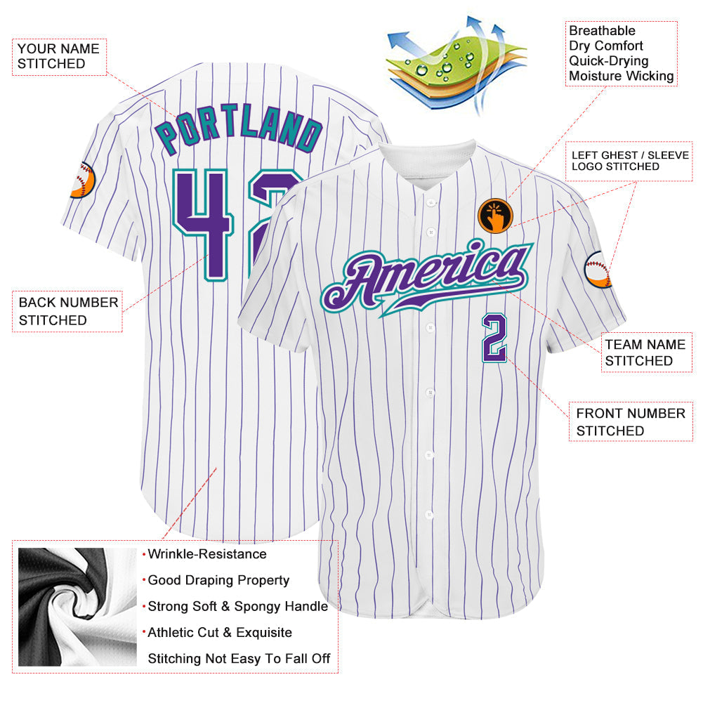 Custom White Purple Pinstripe Purple-Teal Authentic Baseball Jersey - Owls Matrix LTD