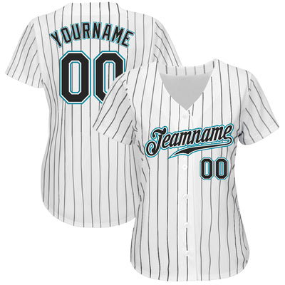 Custom White Black Pinstripe Black-Teal Authentic Baseball Jersey - Owls Matrix LTD