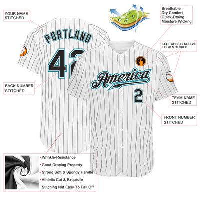 Custom White Black Pinstripe Black-Teal Authentic Baseball Jersey - Owls Matrix LTD