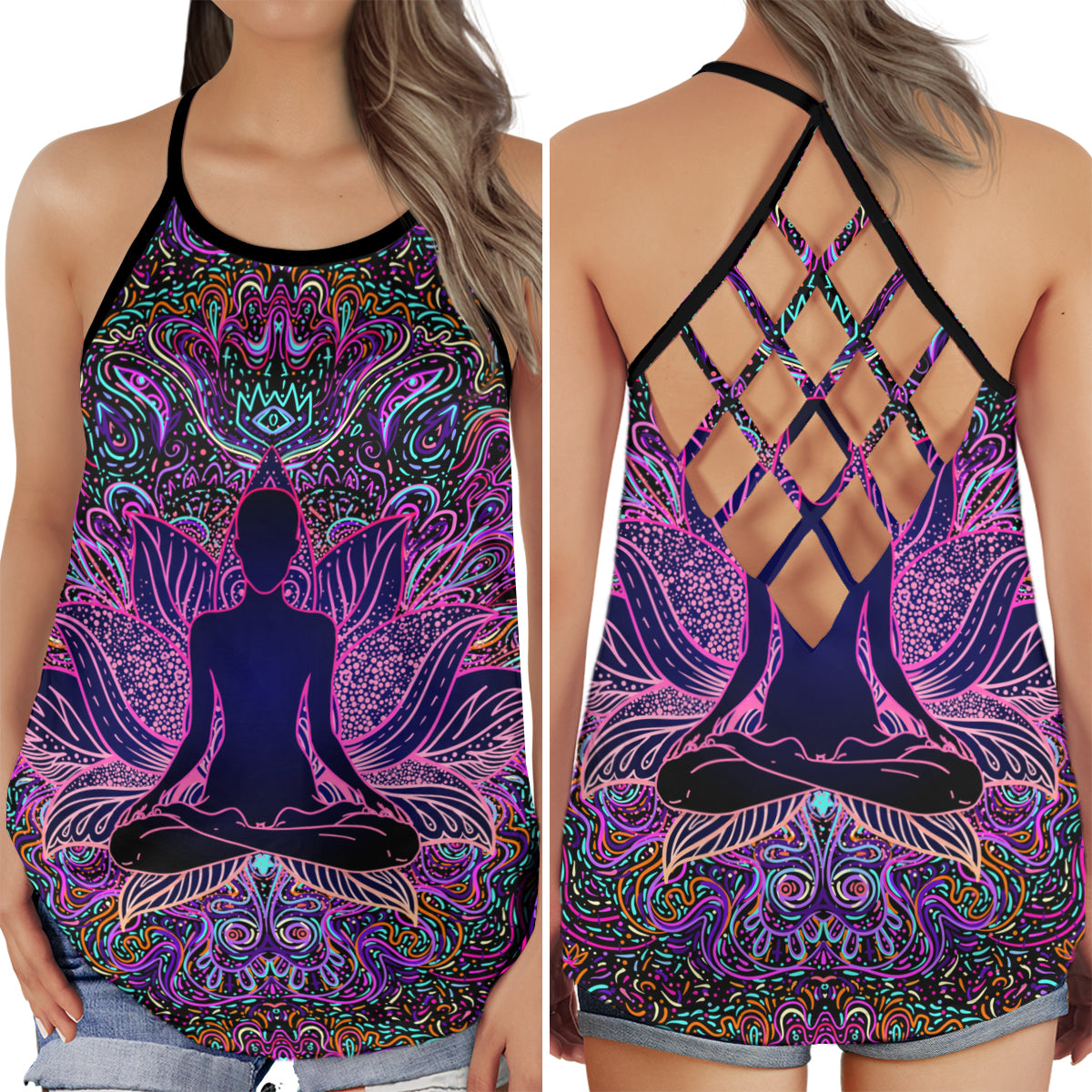 S Yoga Meditation So Beautiful - Cross Open Back Tank Top - Owls Matrix LTD