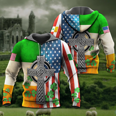 Irish American Flag Celtic Cross Saint Patrick's Day - Hoodie - Owls Matrix LTD