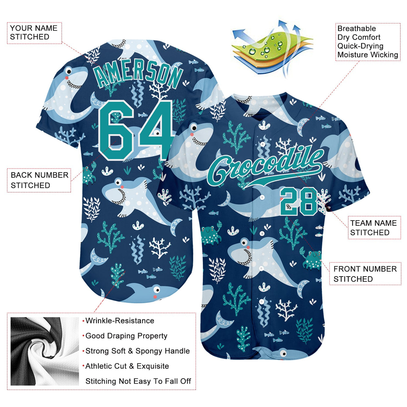 Custom Aqua Aqua-White 3D Pattern Design Sharks Authentic Baseball Jersey - Owls Matrix LTD