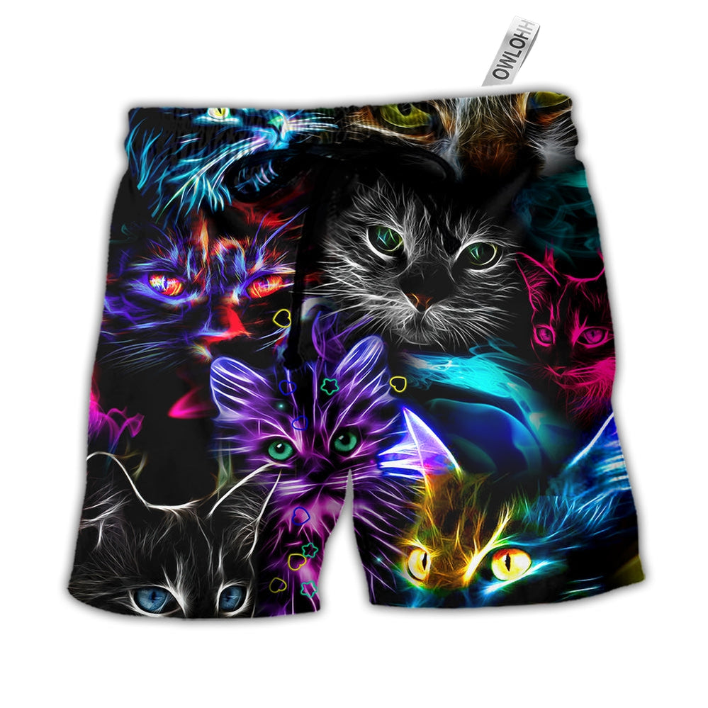Cat Funny Neon Light Colorful Style - Beach Short - Owls Matrix LTD