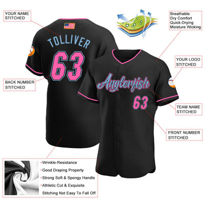 Custom Black Pink-Light Blue Authentic American Flag Fashion Baseball Jersey - Owls Matrix LTD