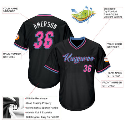 Custom Black Pink-Light Blue Authentic Throwback Rib-Knit Baseball Jersey Shirt - Owls Matrix LTD