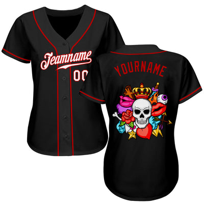 Custom Black White-Red Authentic Skull Fashion Baseball Jersey - Owls Matrix LTD