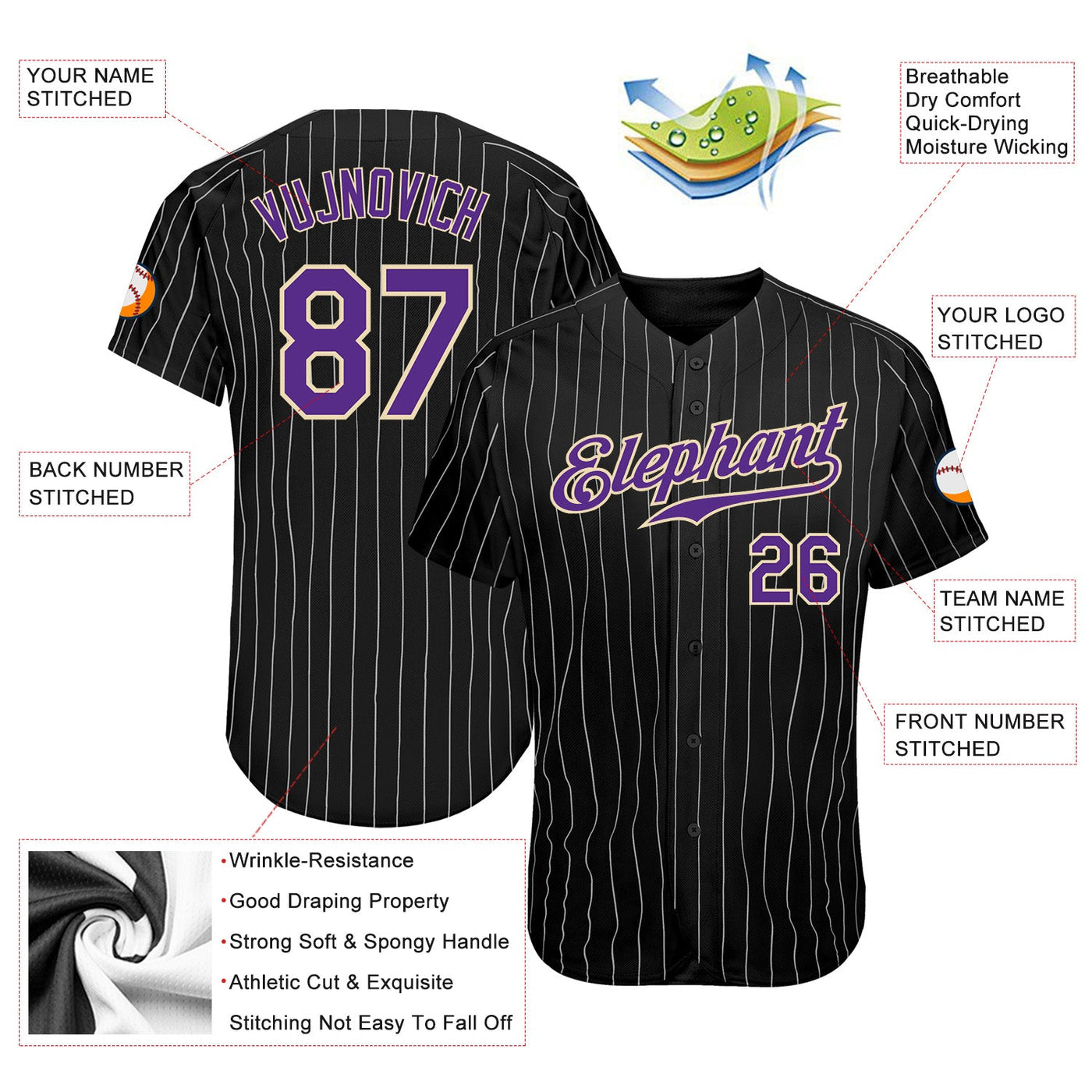 Custom Black White Pinstripe Purple-White Authentic Baseball Jersey - Owls Matrix LTD
