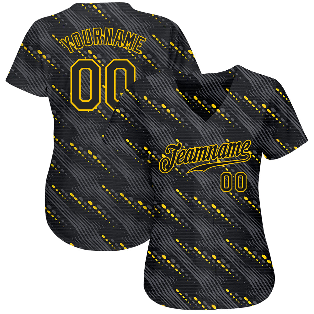 Custom Black Black-Gold 3D Pattern Design Authentic Baseball Jersey - Owls Matrix LTD