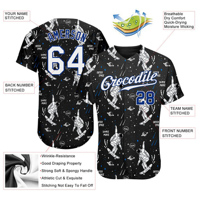 Custom Black White-Royal 3D Pattern Design Astronaut Authentic Baseball Jersey - Owls Matrix LTD