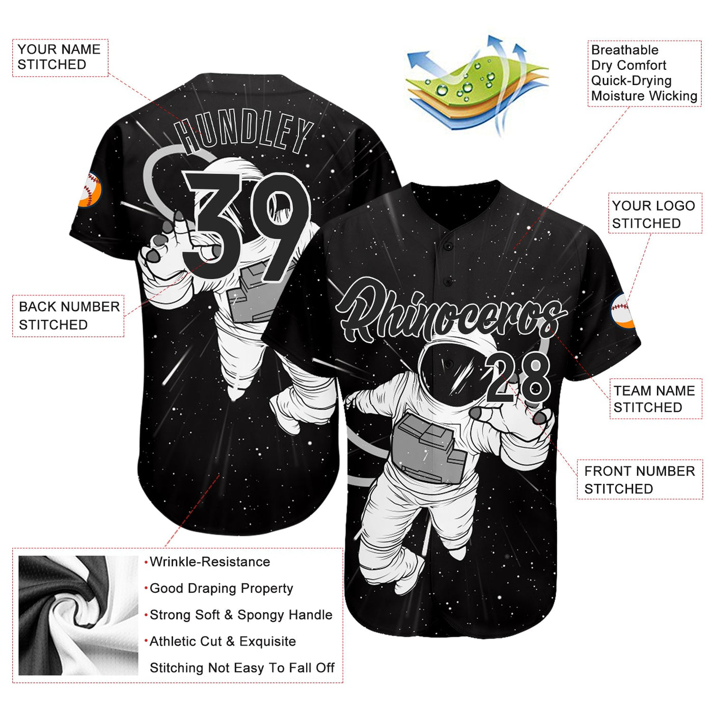Custom Black Black-White 3D Pattern Design Astronaut Authentic Baseball Jersey - Owls Matrix LTD