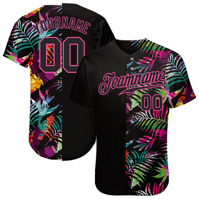 Custom Black Black-Pink 3D Pattern Design Tropical Palm Leaves Authentic Baseball Jersey - Owls Matrix LTD