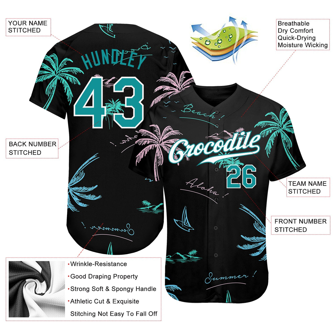 Custom Black Aqua-White 3D Pattern Design Hawaii Palm Trees Authentic Baseball Jersey - Owls Matrix LTD