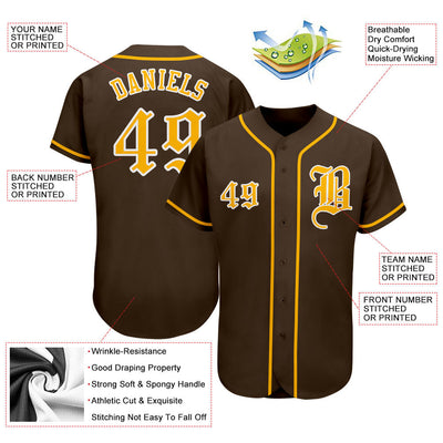 Custom Brown Gold-White Authentic Baseball Jersey - Owls Matrix LTD