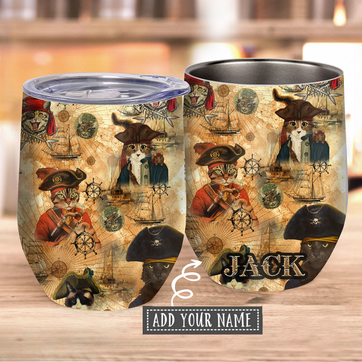 Cat Pirates In Cool and Vintage Personalized - Wine Tumbler - Owls Matrix LTD