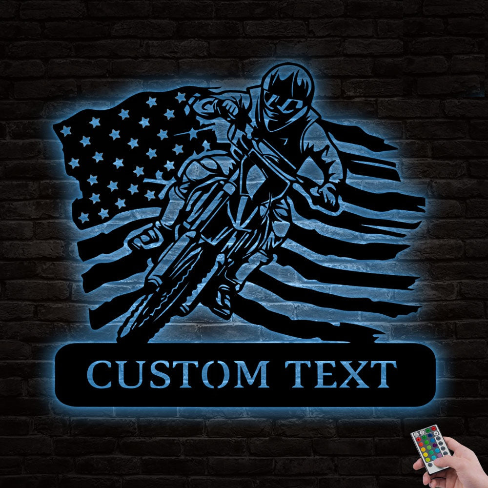 12"x12" Motorcycle Biker Cross American Flag Personalized - Led Light Metal - Owls Matrix LTD