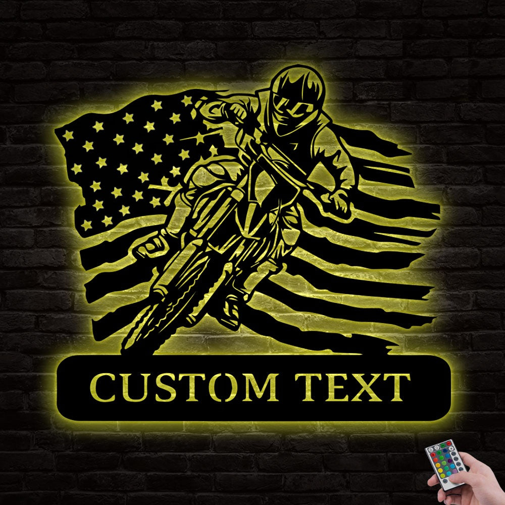 Motorcycle Biker Cross American Flag Personalized - Led Light Metal - Owls Matrix LTD