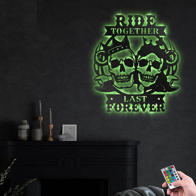 Skull Biker Couple Ride Together Last Forever Motorcycle - Led Light Metal - Owls Matrix LTD