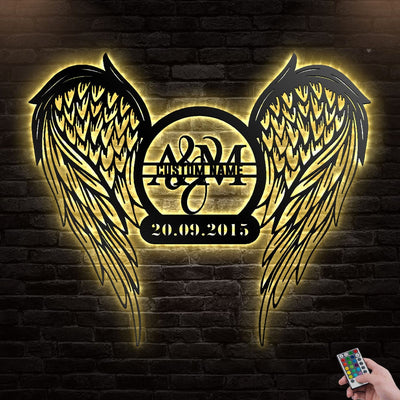 Angel Wings Couple Family Name Date Personalized - Led Light Metal - Owls Matrix LTD
