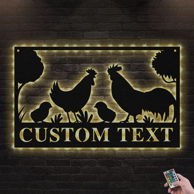 12"x12" Chicken Farm Led Lights Metal Wall Art Personalized - Led Light Metal - Owls Matrix LTD