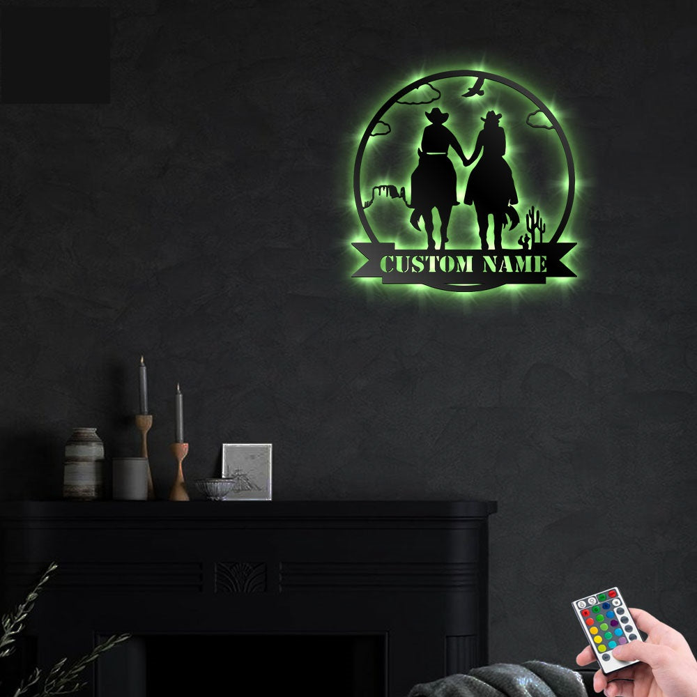 Cowboy And Cowgirl Couple Family Personalized - Led Light Metal - Owls Matrix LTD