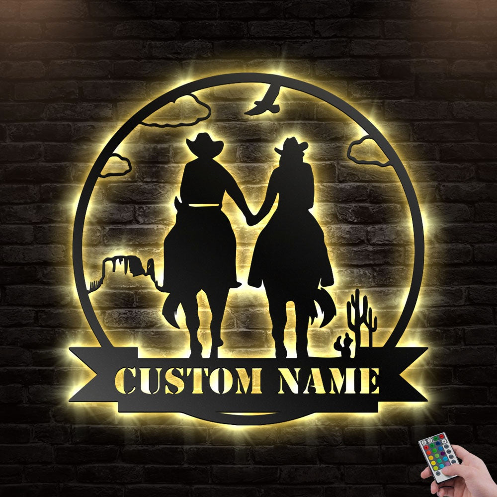12*12 Inch (30*30cm) Cowboy And Cowgirl Couple Family Personalized - Led Light Metal - Owls Matrix LTD