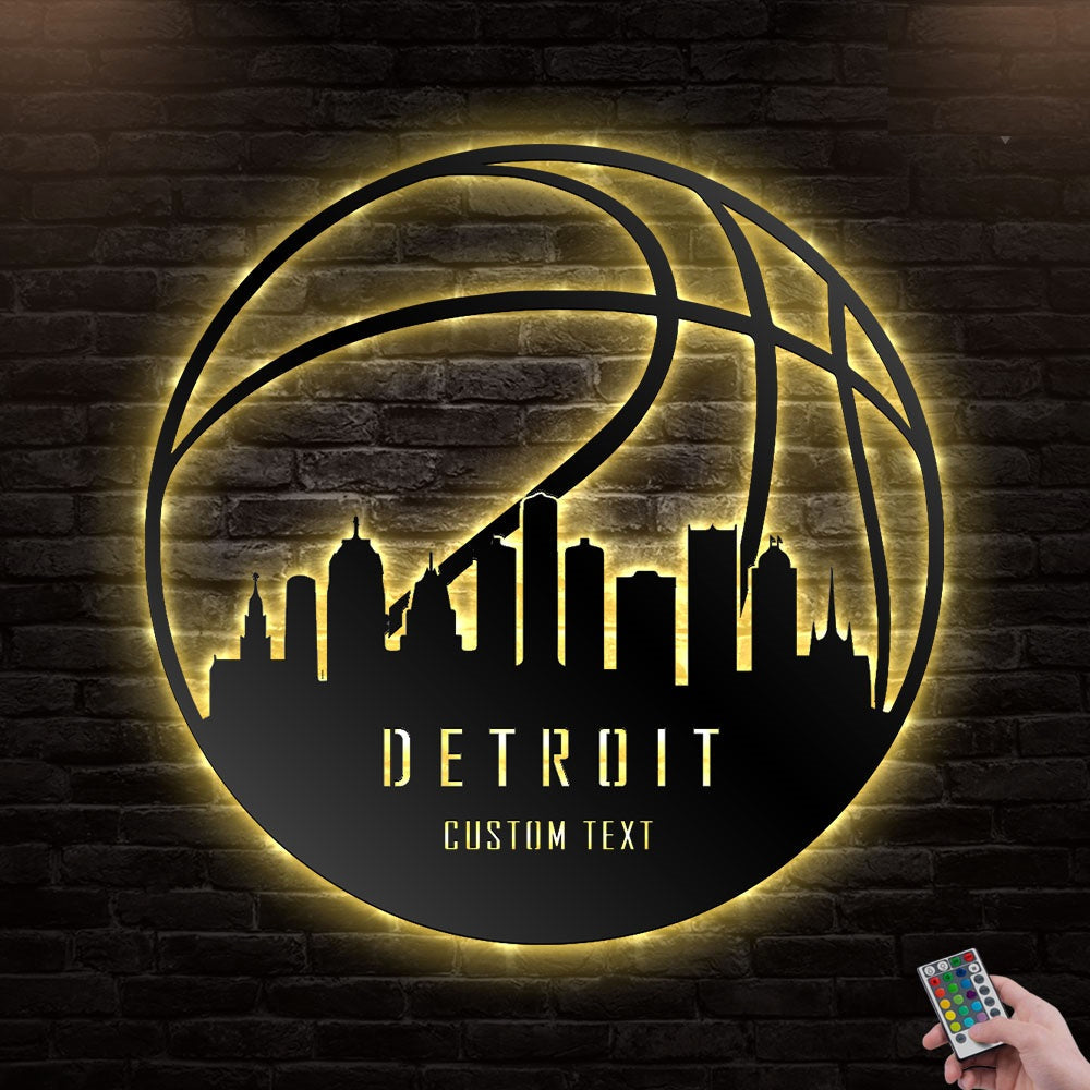 12"x12" Basketball Detroit Personalized - Led Light Metal - Owls Matrix LTD