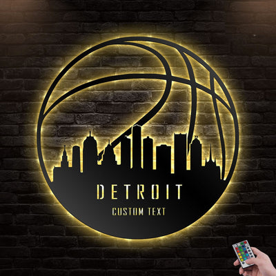 12"x12" Basketball Detroit Personalized - Led Light Metal - Owls Matrix LTD