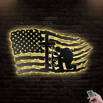 12*12 Inch (30*30cm) Veteran Military Patriotic American Flag - Led Light Metal - Owls Matrix LTD