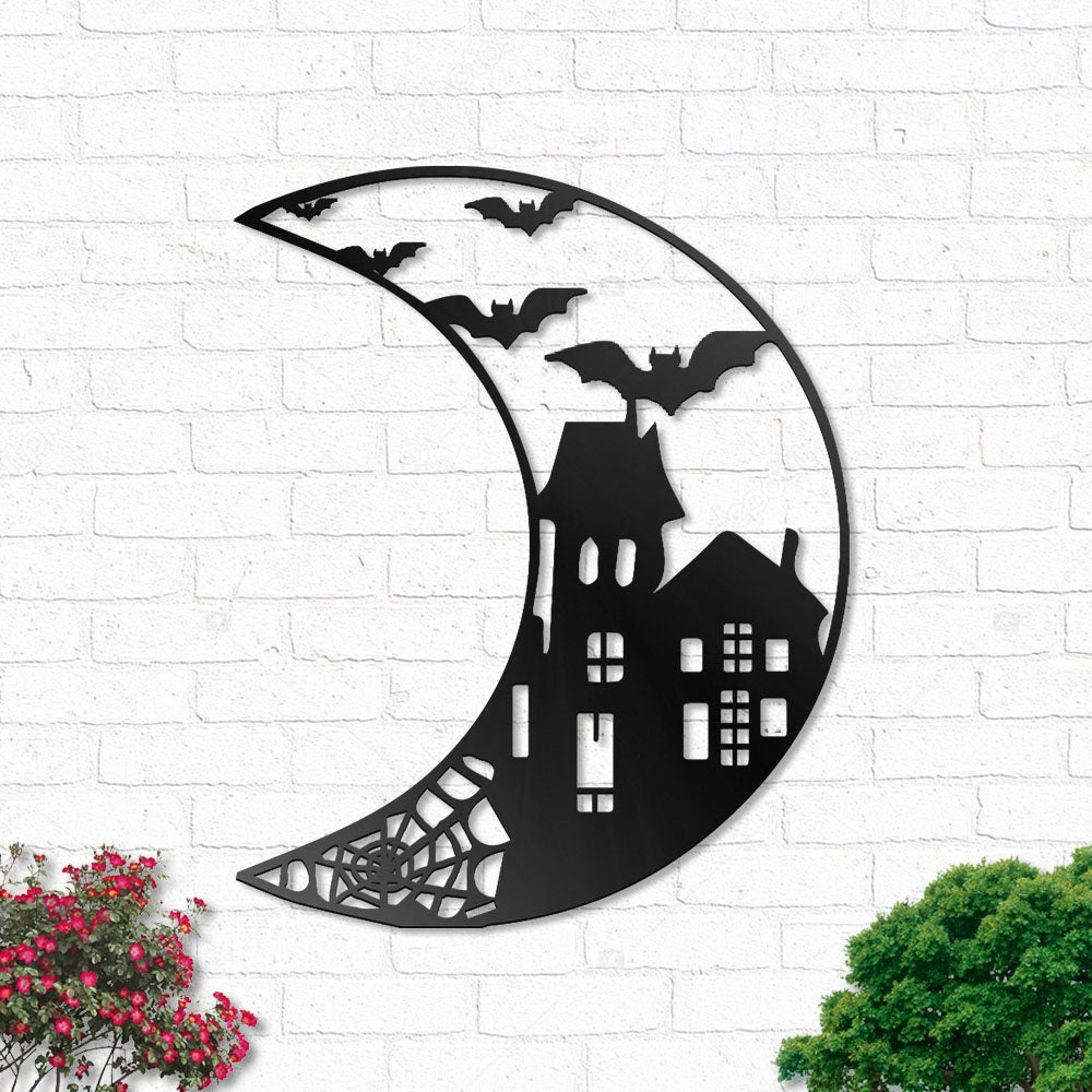 Halloween Haunted Moon Spiderweb Bats Scary Black Cat - Led Light Metal - Owls Matrix LTD