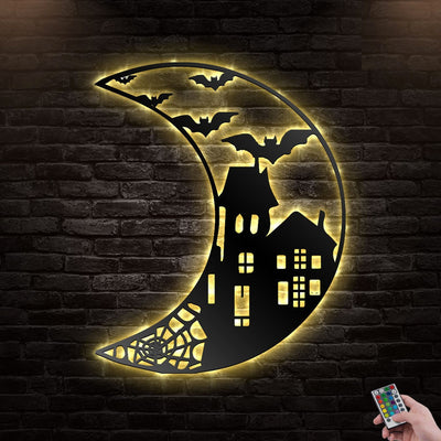 12"x12" Halloween Haunted Moon Spiderweb Bats Scary Black Cat - Led Light Metal - Owls Matrix LTD