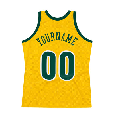 Custom Gold Hunter Green-White Authentic Throwback Basketball Jersey
