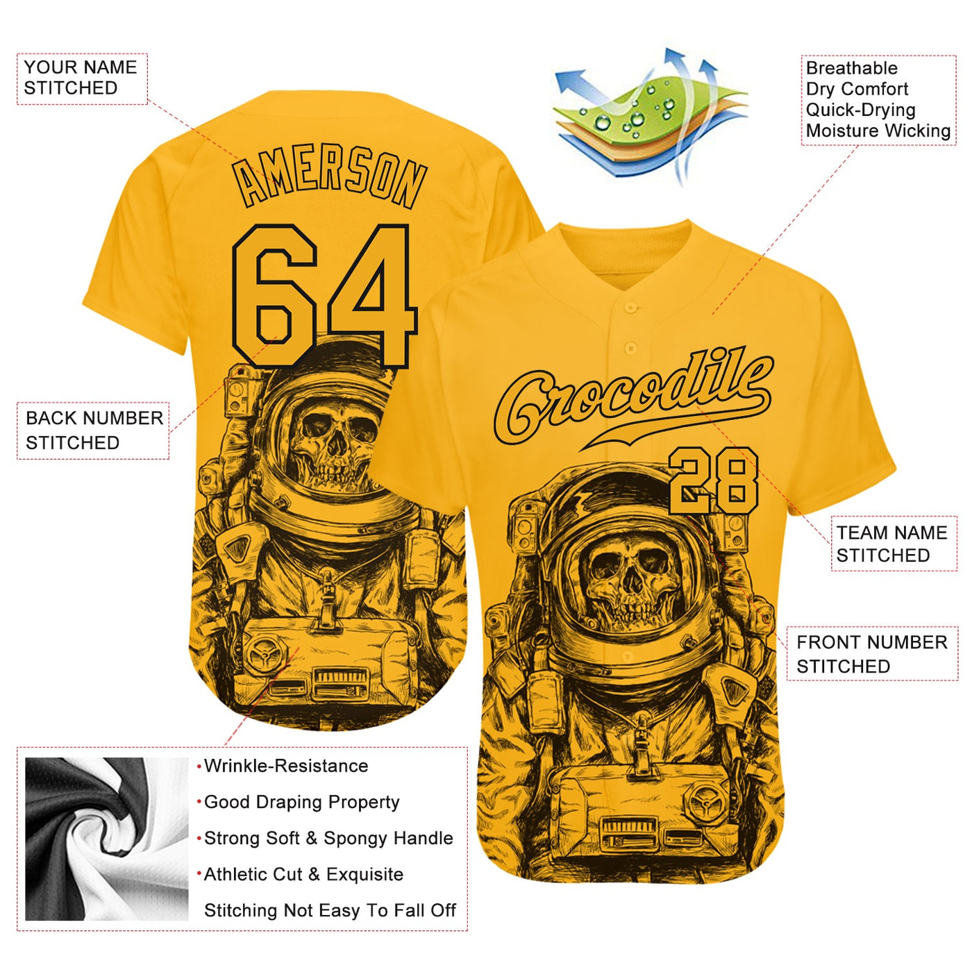 Custom Gold Gold-Black 3D Pattern Design Astronaut Authentic Baseball Jersey - Owls Matrix LTD