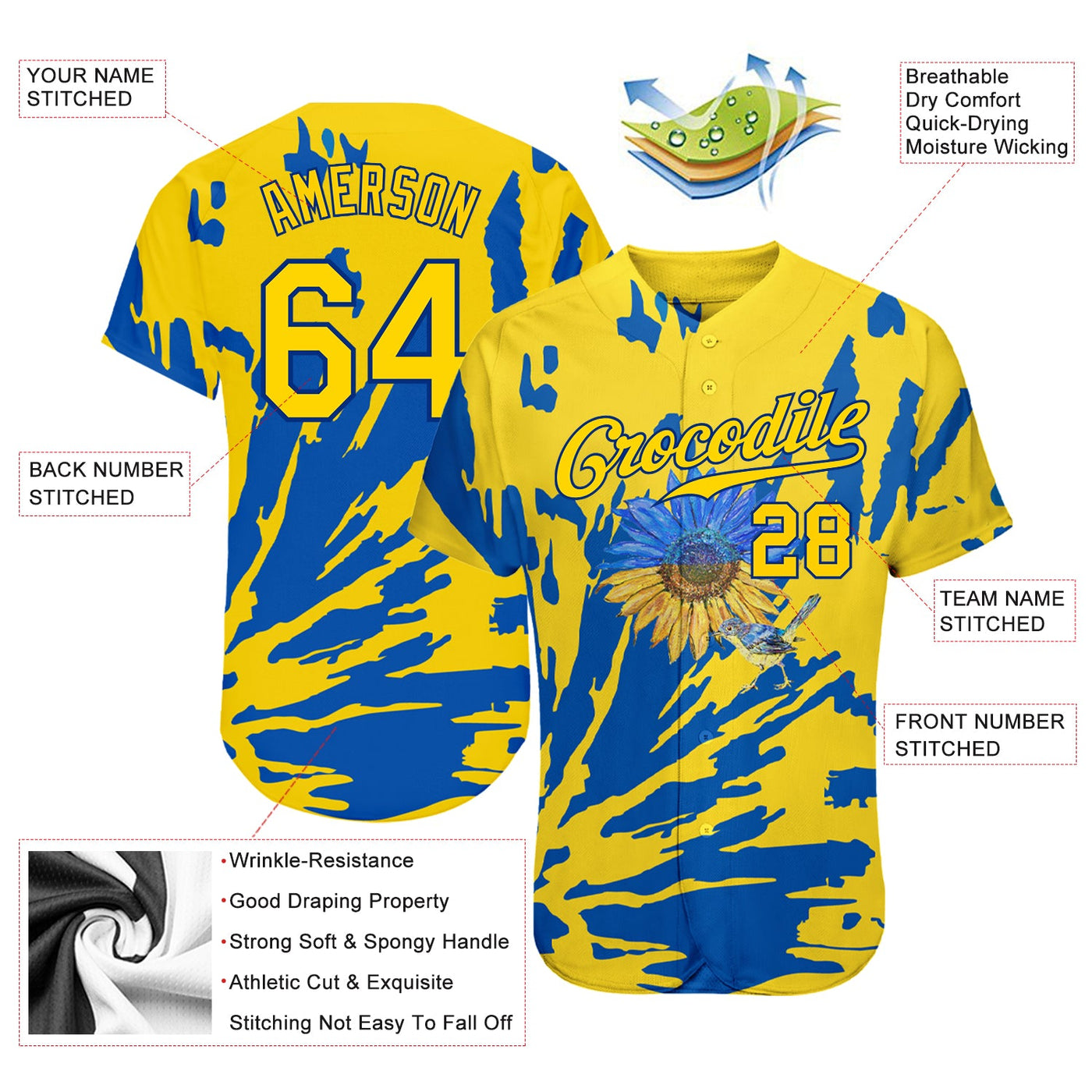 Custom 3D Pattern Design Ukraine Sunflower Nightingale Authentic Baseball Jersey - Owls Matrix LTD