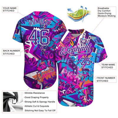 Custom Graffiti Words Pattern White-Purple 3D Authentic Baseball Jersey - Owls Matrix LTD