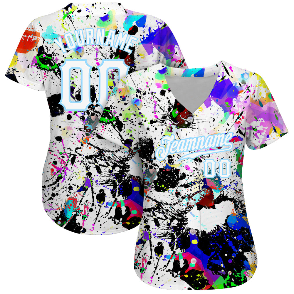 Custom Splashes Graffiti Pattern White-Light Blue 3D Authentic Baseball Jersey - Owls Matrix LTD