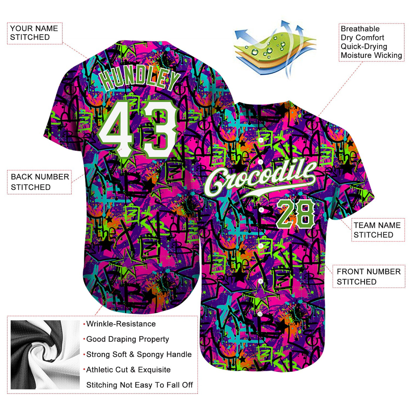 Custom Graffiti Pattern White-Neon Green 3D Authentic Baseball Jersey - Owls Matrix LTD