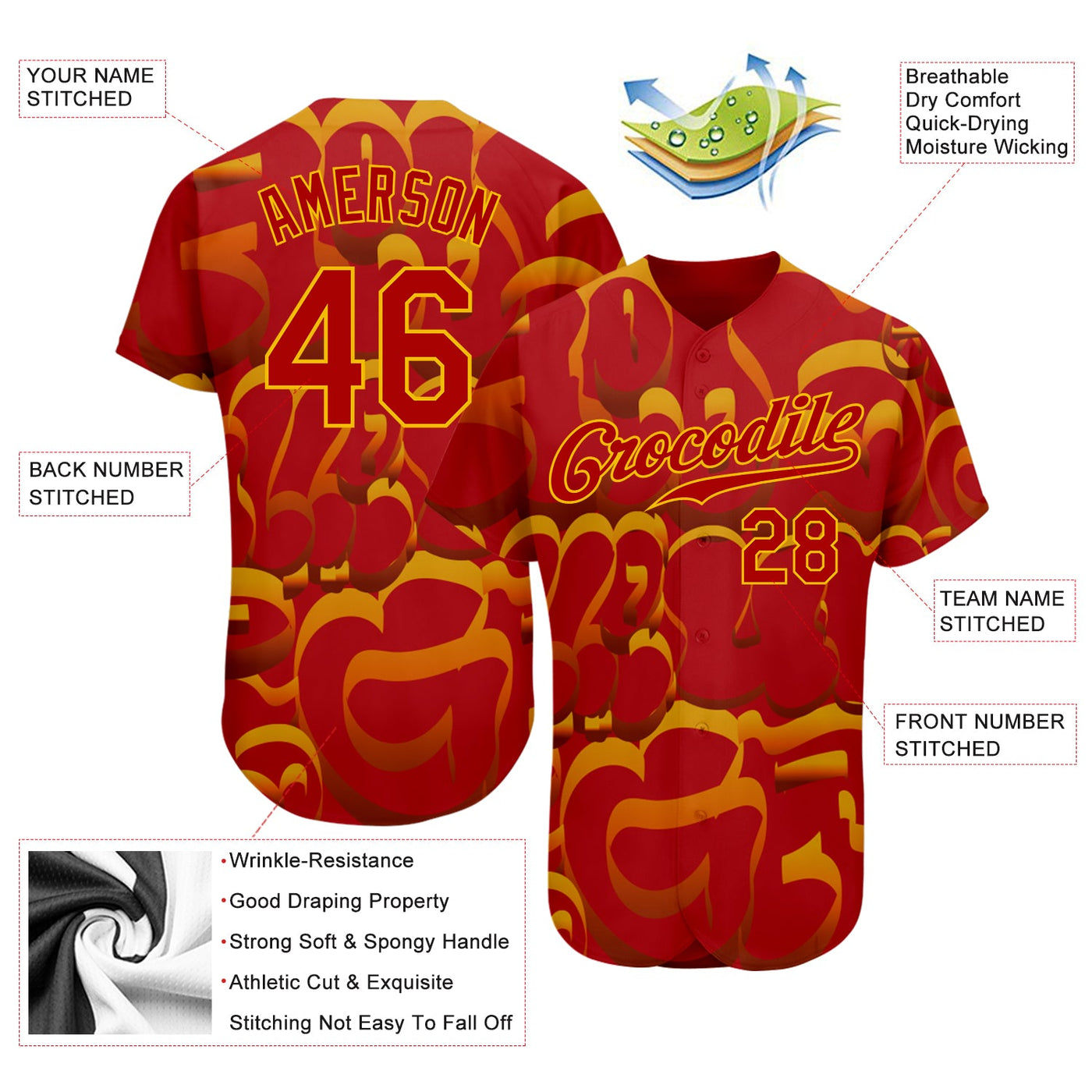 Custom Graffiti Pattern Red-Gold 3D Pattern Design Authentic Baseball Jersey