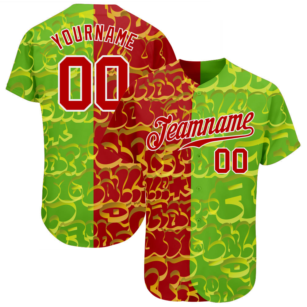 Custom Graffiti Pattern Red-Green 3D Authentic Baseball Jersey - Owls Matrix LTD