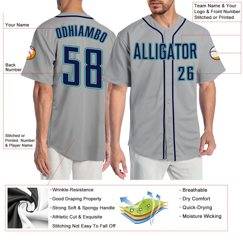 Custom Gray Navy-Aqua Authentic Baseball Jersey